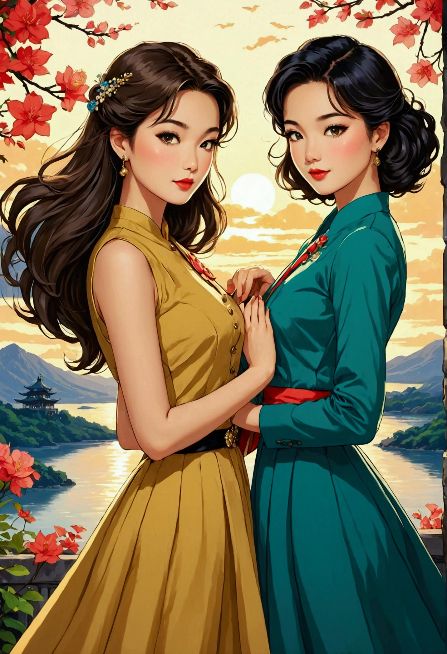 Two beautiful Sarah Kay style women very much in love, in a tender attitude towards each other, one British, with semi-short light brown hair and the other Asian, with long black hair, both dressed in an elegant 50's style