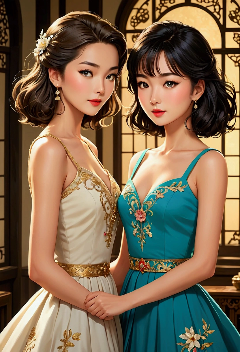 Two beautiful Sarah Kay style women very much in love, in a tender attitude towards each other, one British, with semi-short light brown hair and the other Asian, with long black hair, both dressed in an elegant 50's style