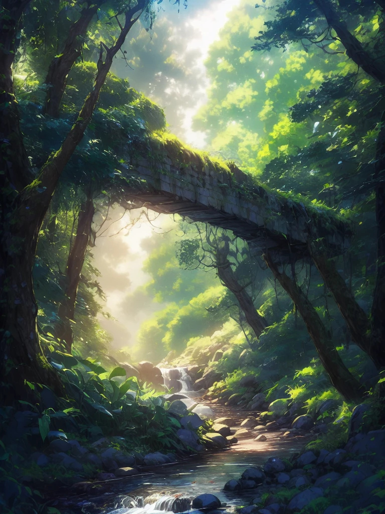 As the sun breaks through the vibrant canopy of a glowing green forest after a steady rain, hints of afternoon glow cling to the dewdrops shimmering on leaves, the chirps of unseen inhabitants are the only sounds filling the serene air. Anime style depicts, in high detail, the lush foliage, the winding path ahead that leads deeper into the woodland, hints of sheer cliffs and waterfalls cascading into the lush valley below, all from a low angle that accentuates the grandeur and hints of mystical elements in this vivid neopunk world.