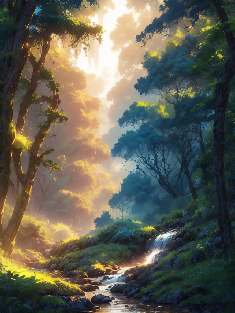 As the sun breaks through the vibrant canopy of a glowing green forest after a steady rain, hints of afternoon glow cling to the dewdrops shimmering on leaves, the chirps of unseen inhabitants are the only sounds filling the serene air. Anime style depicts, in high detail, the lush foliage, the winding path ahead that leads deeper into the woodland, hints of sheer cliffs and waterfalls cascading into the lush valley below, all from a low angle that accentuates the grandeur and hints of mystical elements in this vivid neopunk world.