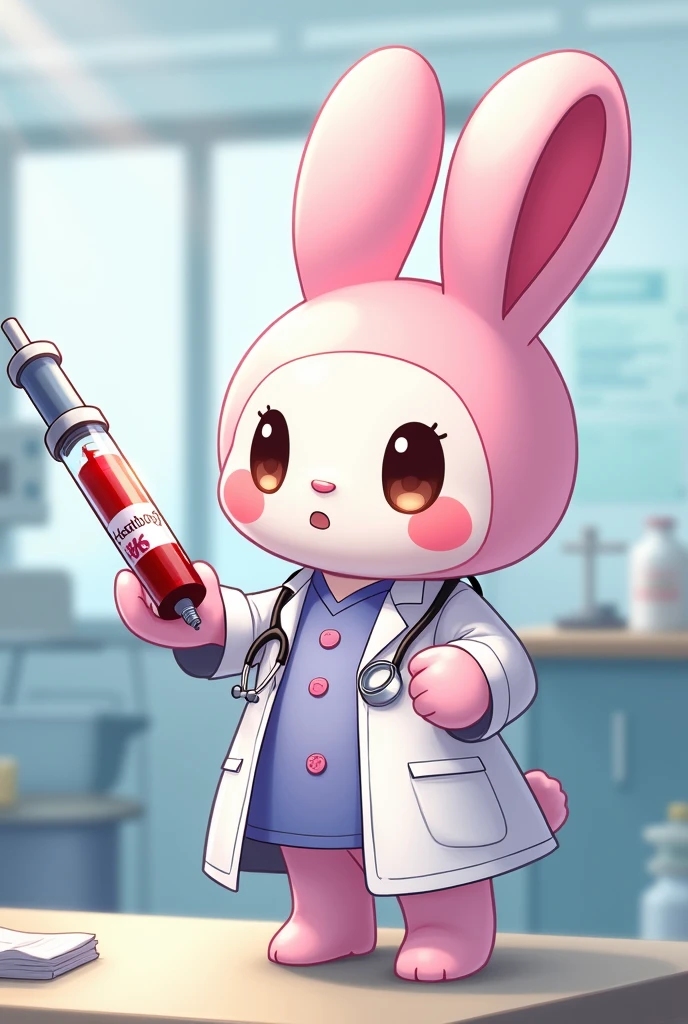 My Melody bunny dressed as a Doctor with a blood sample in her hand and a syringe that says Hematologist at the bottom of the image