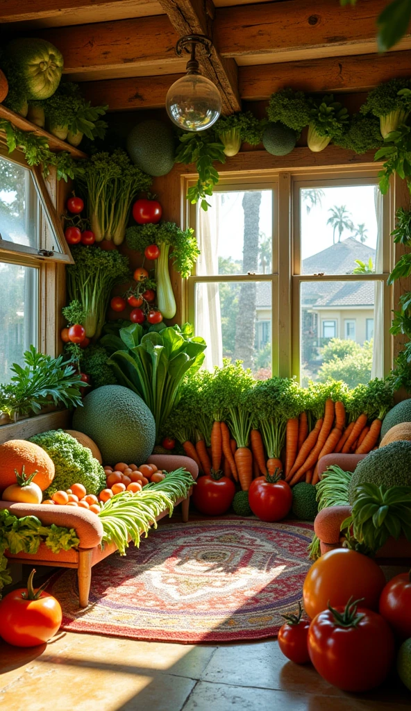 "Create a cinematic 4K image, DSLR Canon style, of the interior of a life-sized house that appears to be made entirely of vegetables, located in a neighborhood in Los Angeles. Show the inside of the house, with walls, furniture, and decorative details made from various types of vegetables, such as carrots, tomatoes, and lettuces. Highlight the texture and appearance of the vegetables in each part of the interior, creating a visually striking and appetizing scene. Include windows and doors that reveal the typical Los Angeles neighborhood in the background."