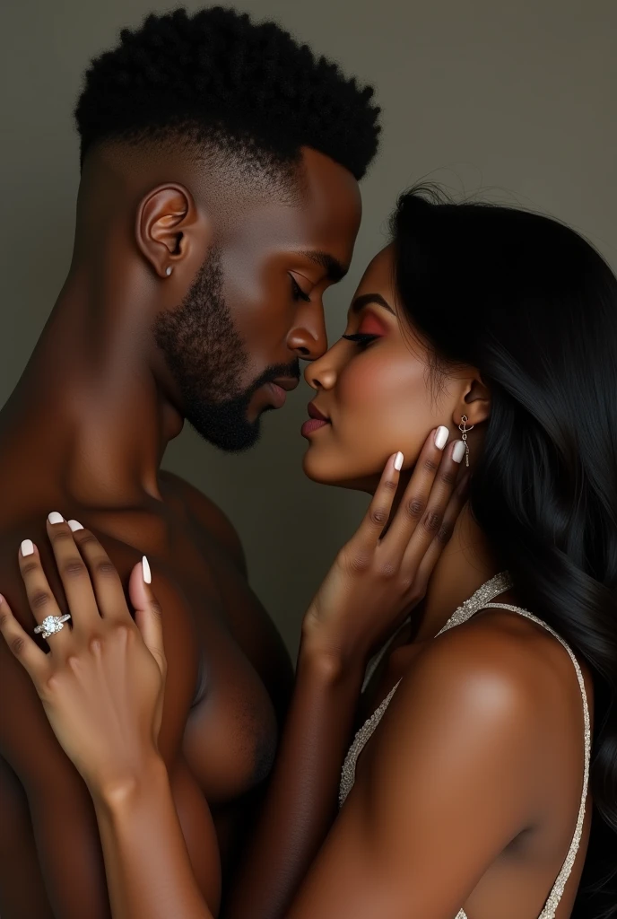 a close up of a young afroamerican man and beautiful Latin woman with dark skin chocolate color eyes looking at viewer emerald green color, seductive big body balanced , perfect beauty, long silky hair with waves embracing each other, intimate holding close, man and woman in love, engagement ring ads, by Emma Andijewska, by Matt Cavotta, hand on his cheek, couple pose, couples portrait, arm around her neck, couple portrait, man and woman, lovely couple, holding each other hands