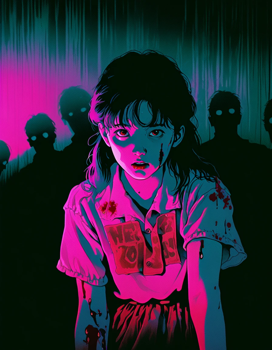 illust、art、from 80s horror movie、house in the mist、high detail, realistic shadow、Analog style, vhs style, 8mm film, chromatic aberration, Dvd screengrab、Complementary color gradient, blood, zombie