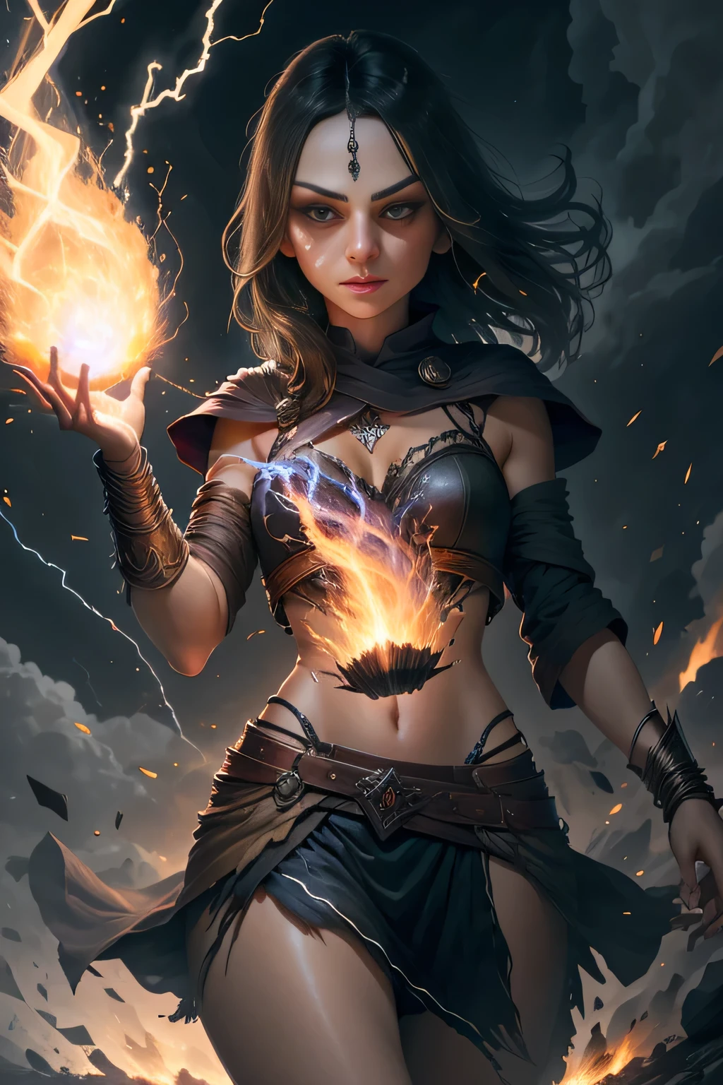 1 beautiful woman "mila kunis"，(Caucasian skin)， fire storm, Lightning in the hand, a skirt,glowing light eyes，light in eyes