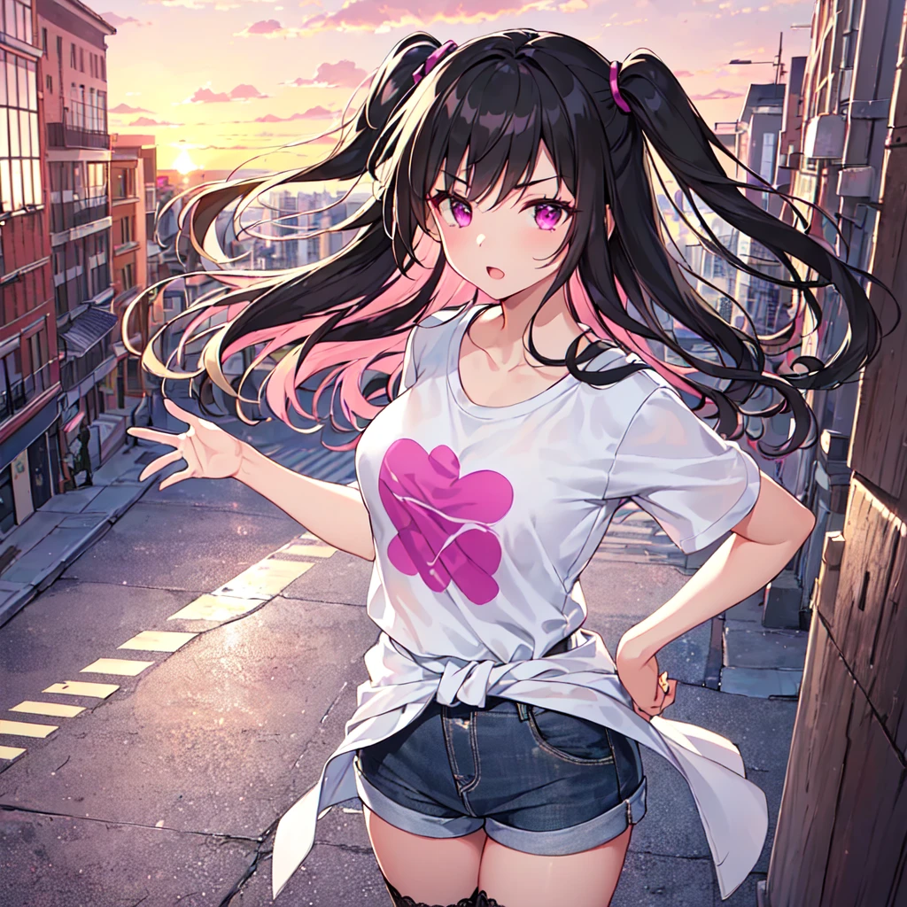 masterpiece, best quality, high quality, extremely detailed, very delicate and beautiful, (1 female 18 years old solo:1.5), (long black hair up to waist with two-side up:1.5), bangs to eyebrows, eyes (eyes sharp, strong, glossy, glossy eyebrows), (eye color magenta:1.3), 6.5 head height, (summer short sleeve casual fashion:1.3), knee socks, lace, ruffles, (meeting someone:1.3), (dynamic pose), (background city and sunset:1.3)