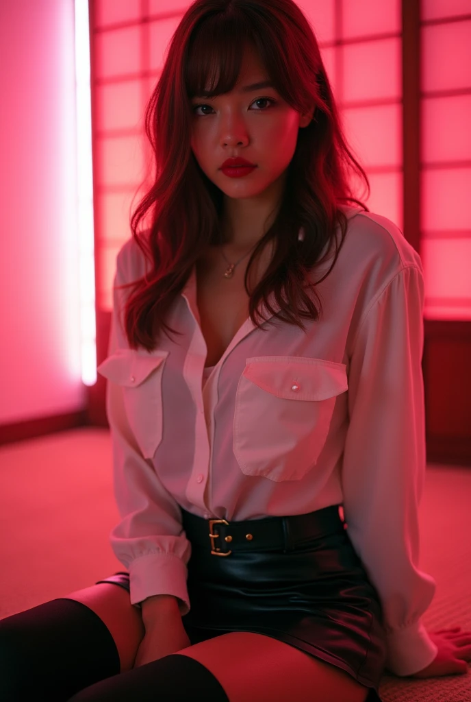 ((Japanese sexy idol)) Mature Woman ((Plump, bright red lips with lipstick)) Big Breasts Chubby round face Plump figure ((Brown hair with bangs)) ((Looking into the camera)) Sit with your legs apart ((White button-up shirt with black patent leather tight skirt and black stockings)) Sweaty skin 布団の上にSit with your legs apart look down ((A bedroom with shoji and tatami mats lit up in pink neon lights))