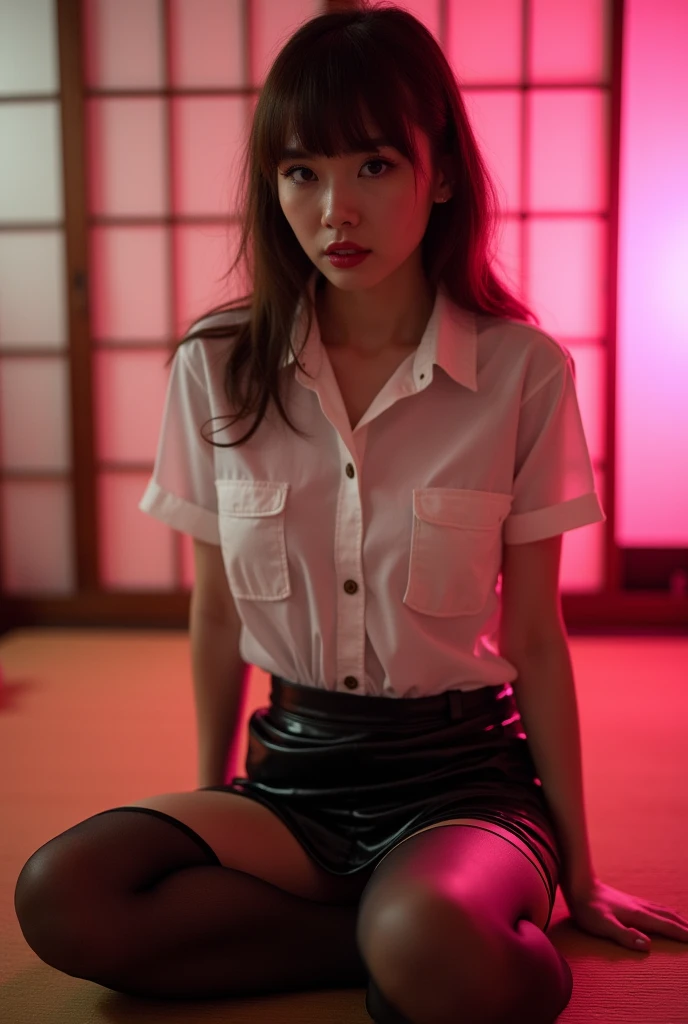 ((Japanese sexy idol)) Mature Woman ((Plump, bright red lips with lipstick)) Big Breasts Chubby round face Plump figure ((Brown hair with bangs)) ((Looking into the camera)) Sit with your legs apart ((White button-up shirt with black patent leather tight skirt and black stockings)) Sweaty skin 布団の上にSit with your legs apart look down ((A bedroom with shoji and tatami mats lit up in pink neon lights))