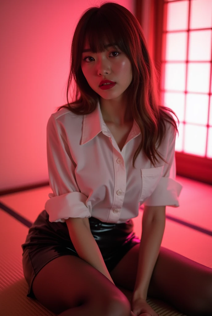 ((Japanese sexy idol)) Mature Woman ((Plump, bright red lips with lipstick)) Big Breasts Chubby round face Plump figure ((Brown hair with bangs)) ((Looking into the camera)) Sit with your legs apart ((White button-up shirt with black patent leather tight skirt and black stockings)) Sweaty skin 布団の上にSit with your legs apart look down ((A bedroom with shoji and tatami mats lit up in pink neon lights))