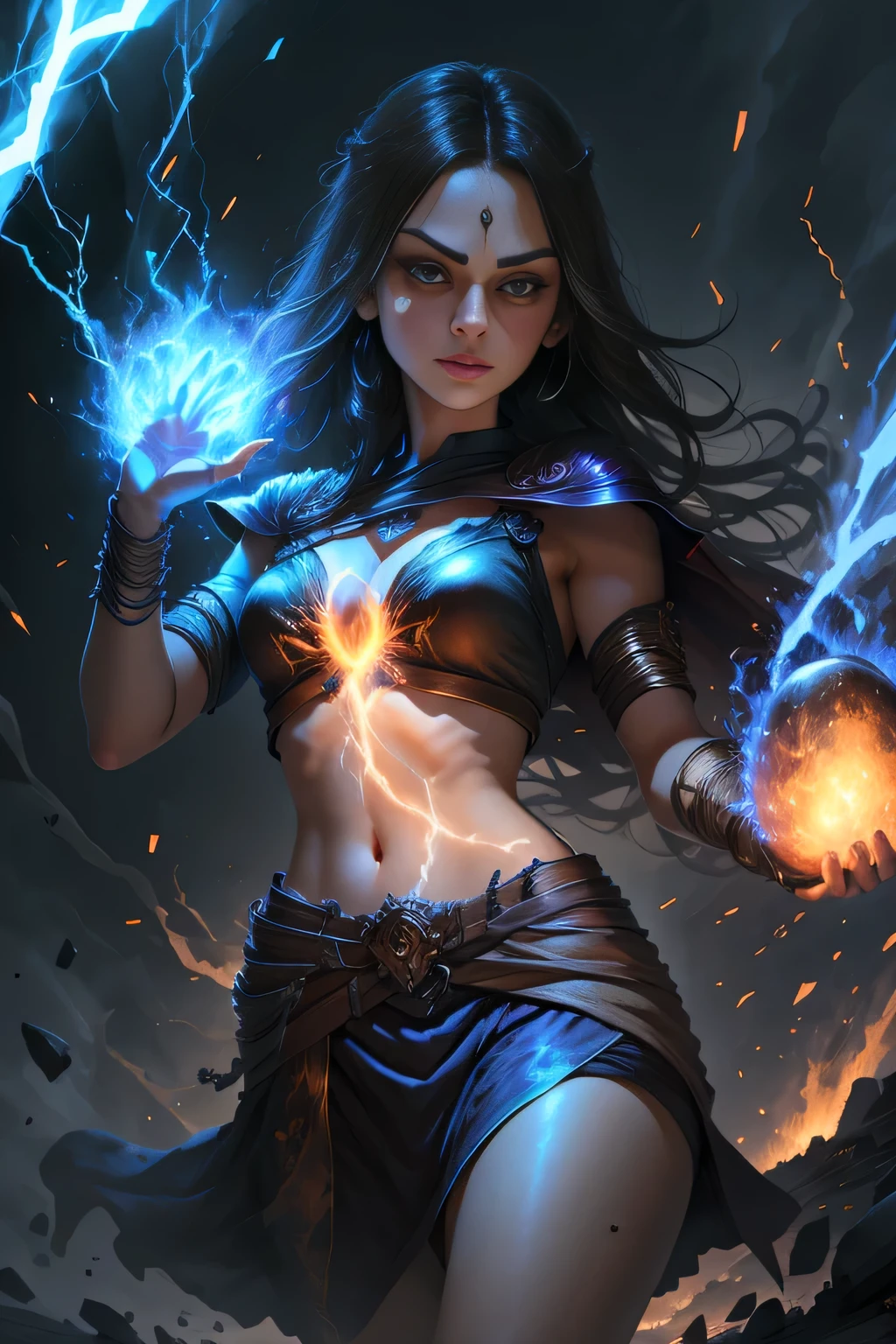 1 beautiful woman "mila kunis"，(Caucasian skin)， fire storm, Lightning in the hand, a skirt,glowing light eyes，light in eyes