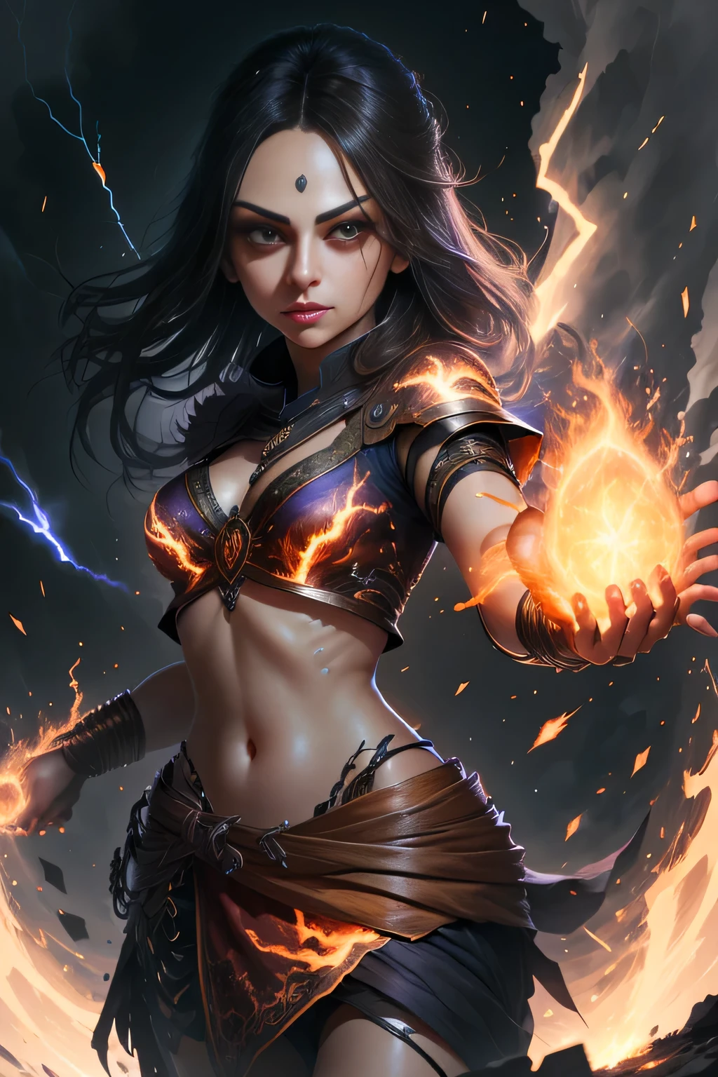 1 beautiful woman "mila kunis"，(Caucasian skin)， fire storm, Lightning in the hand, a skirt,glowing light eyes，light in eyes