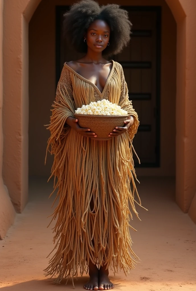 African covered in straw, holding a xaxará with popcorn and a clay floor