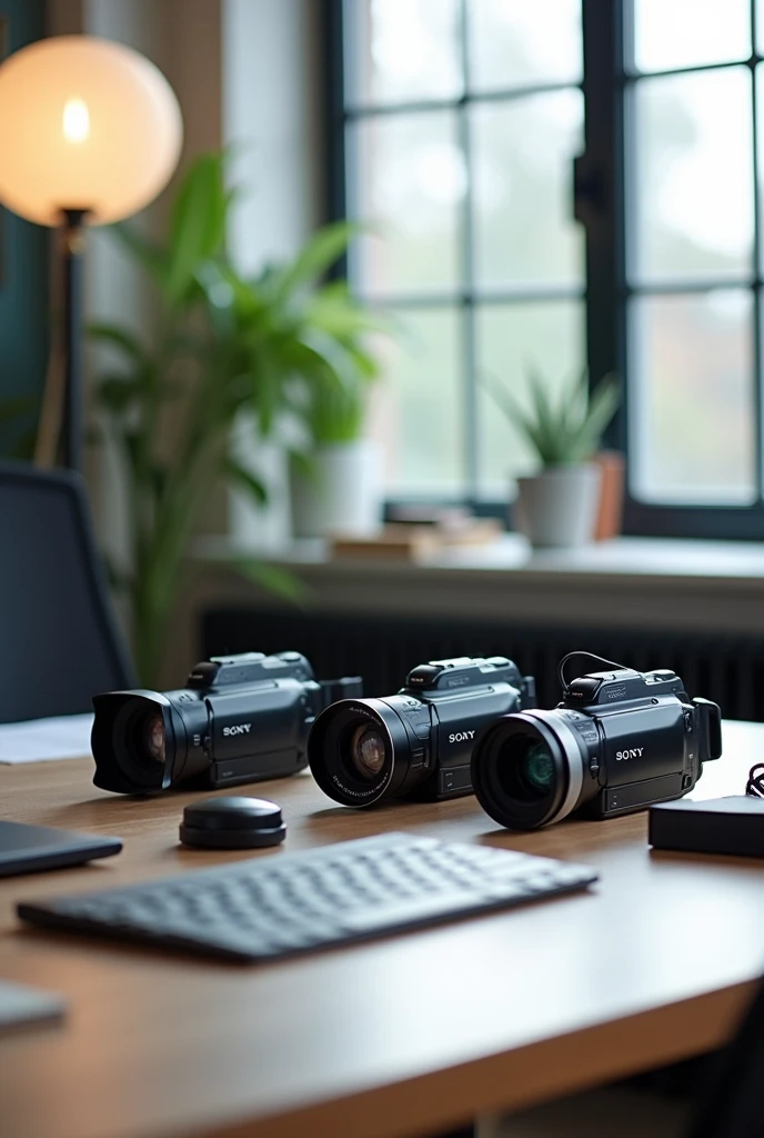 desk where there are several Sony camcorders