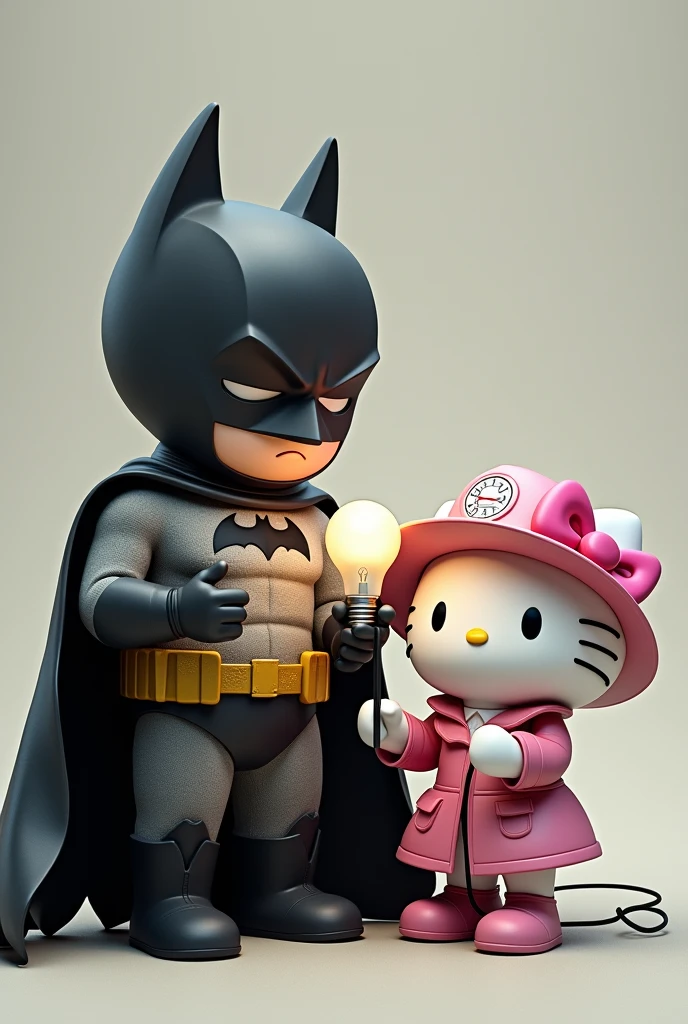 Batman and Hello Kitty holding a light bulb and wearing an engineer's hat
