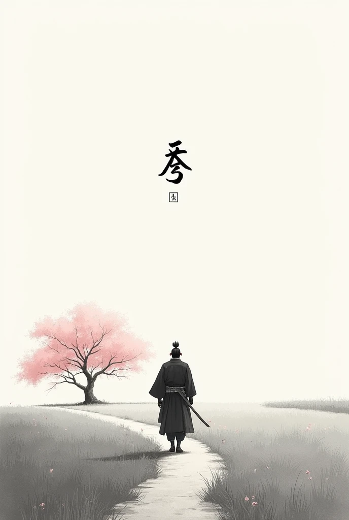black and white drawing in Japanese style, Samurai in the distance (man, adult person) with a sword at his waist walking on a path through a field, a single pink cherry blossom tree nearby, The picture above shows a Japanese kanji "quiet". Everything is harmonious around