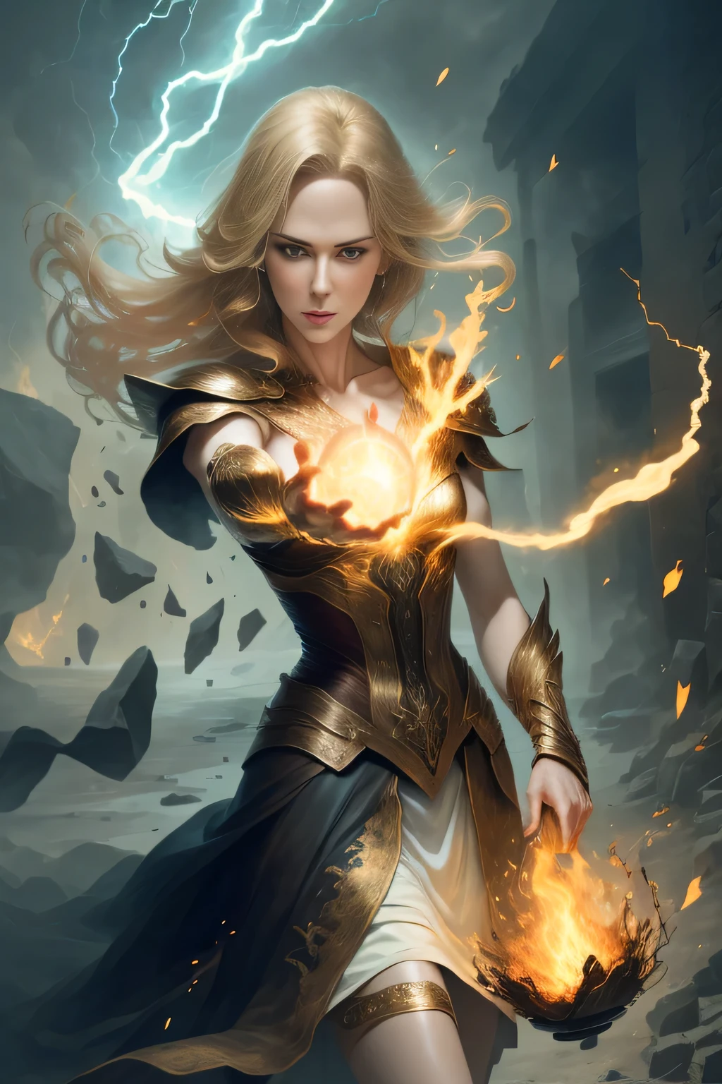 1 beautiful woman "Nicole Kidman"，(Caucasian skin)， fire storm, Lightning in the hand, a skirt,glowing light eyes，light in eyes