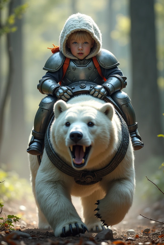 (artwork:1.2), (best quality:1.2), 8K, HDR, ultra detailed, ((photorealistic)), professional light, cinematic lighting, depth of field, A 2 YEAR OLD BABY wearing mechanical paladin armor, RIDING ON TOP OF A BIG AND VERY ANGRY POLAR BEAR WITH CHROME ARMOR RUNNING IN A FOREST, Super Detail, high details, high quality, best quality, high resolution, high definition, 4K, 8K, 16k, sharp
