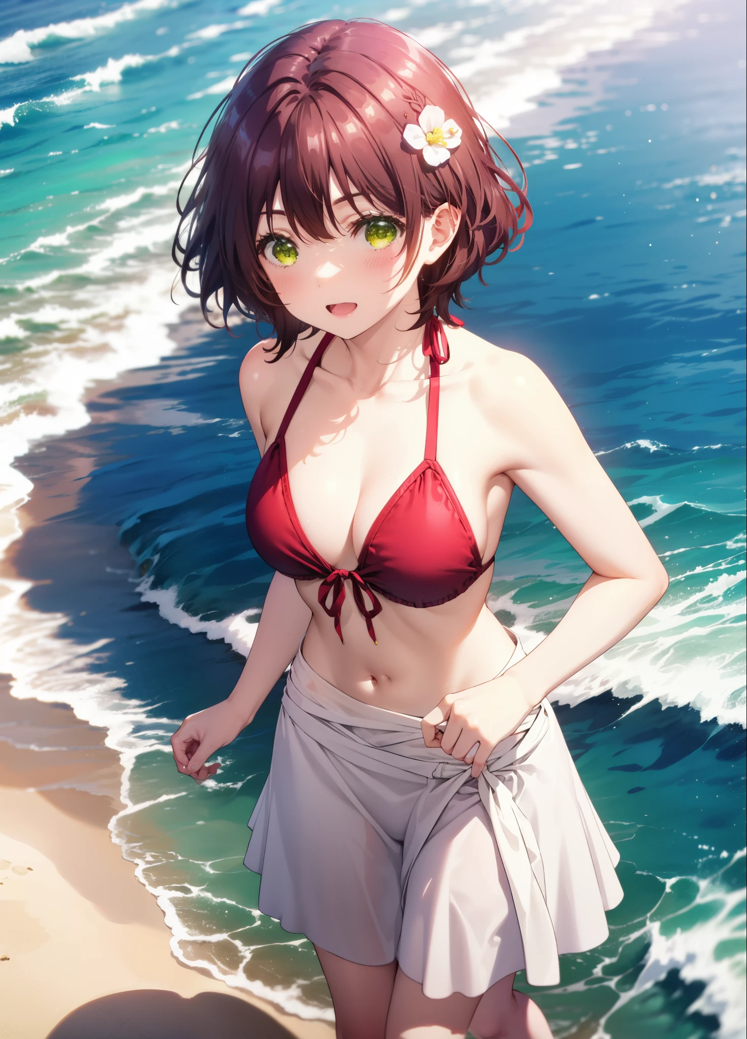 Seven days, Aoi Hinami, short hair, bangs, Brown Hair, (Green Eyes:1.5), smile,Open your mouth,Flower Hair Ornaments,Red Bikini Swimsuit,Pareo Swimsuit,A thin long skirt is wrapped around her waist,barefoot,Sandy Beachを散歩している,True Summer,Clear skies,Daytime,whole bodyがイラストに入るように,
break outdoors, Beach,Sandy Beach,
break looking at viewer,whole body, (Cowboy Shot:1. 5),
break (masterpiece:1.2), Highest quality, High resolution, unity 8k wallpaper, (figure:0.8), (Beautiful attention to detail:1.6), Highly detailed face, Perfect lighting, Highly detailed CG, (Perfect hands, Perfect Anatomy),