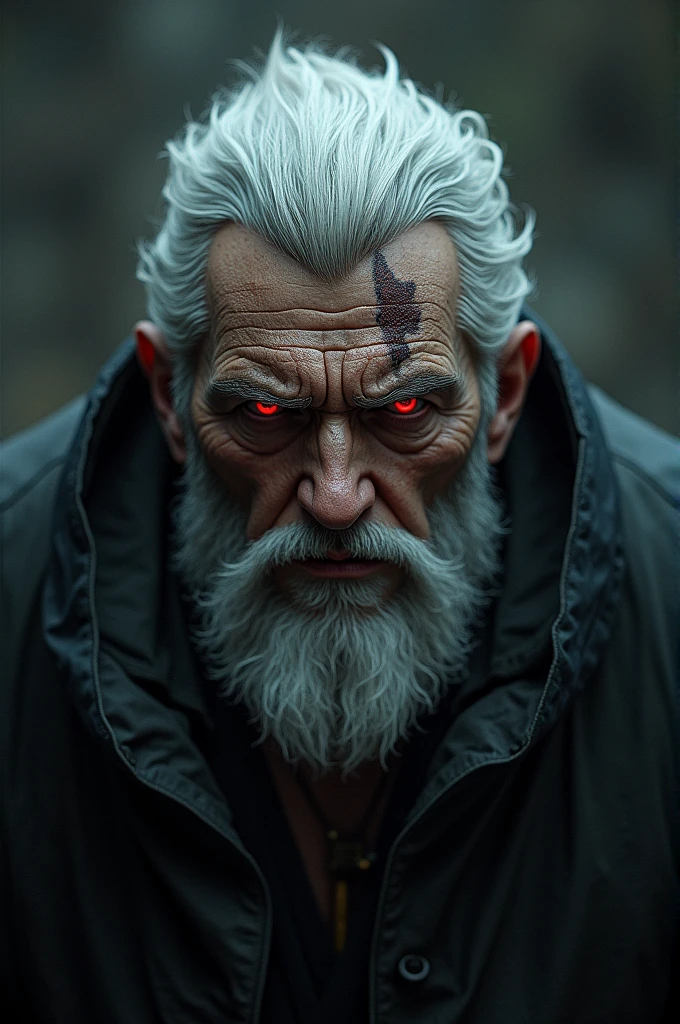 Tall, stout man with white hair, dark red eyes, and a scar on his cheek.