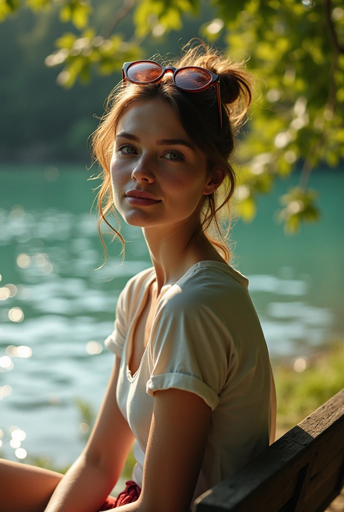 femme arafée assise sur un banc avec un lac en arrière-plan, a photo of Christen Dalsgaard, pixels, realism, in the sun, laura watson, with a tree in the background, coup de tête et d'shoulder, sparkling in the sunlight, at the edge of the'water, sunny day, avec des lunettes de soleil, sunny day time, détourner le regard de la caméra