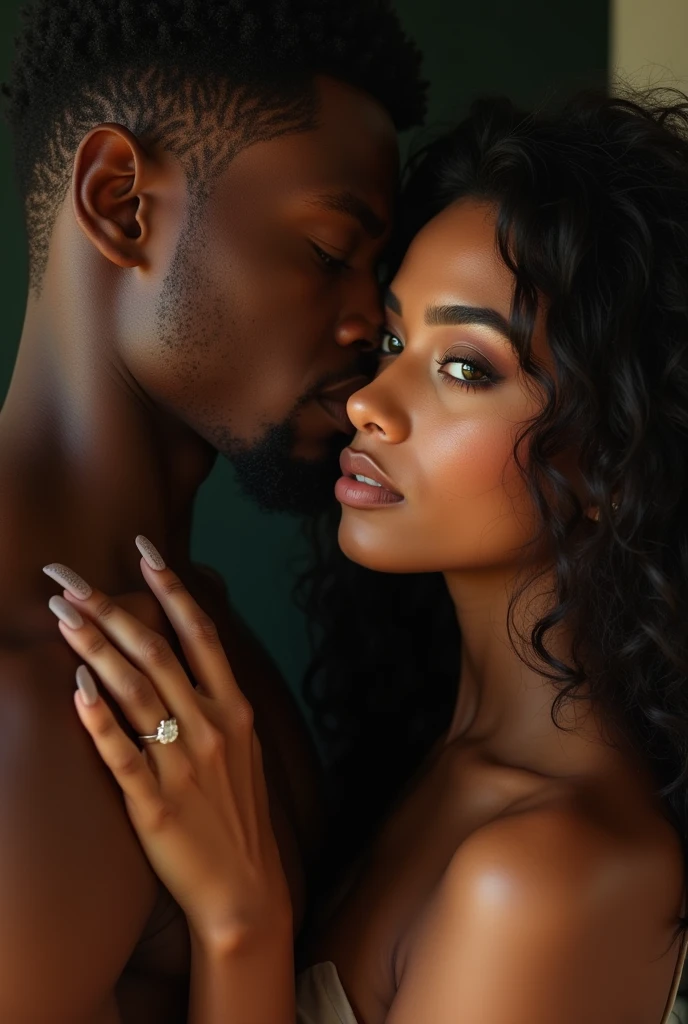 a close up of a young afroamerican man and beautiful Latin woman with dark skin chocolate color eyes looking at viewer emerald green color, seductive big body balanced , perfect beauty, long silky hair with waves embracing each other, intimate holding close, man and woman in love, engagement ring ads, by Emma Andijewska, by Matt Cavotta, hand on his cheek, couple pose, couples portrait, arm around her neck, couple portrait, man and woman, lovely couple, holding each other hands