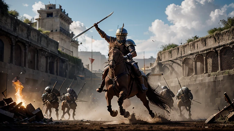 Create a high-quality, realistic image of the climactic battle between the Trojans and the Latins. The scene should depict a chaotic battlefield with Aeneas and Turnus leading their respective forces. Aeneas, in full armor with a crested helmet, stands at the forefront of his troops, brandishing a sword. Turnus, in heavy armor, is seen charging forward with determination. The background should include clashing soldiers, flying arrows, and the smoke of battle. The mood should convey the intensity and scale of the final conflict.
