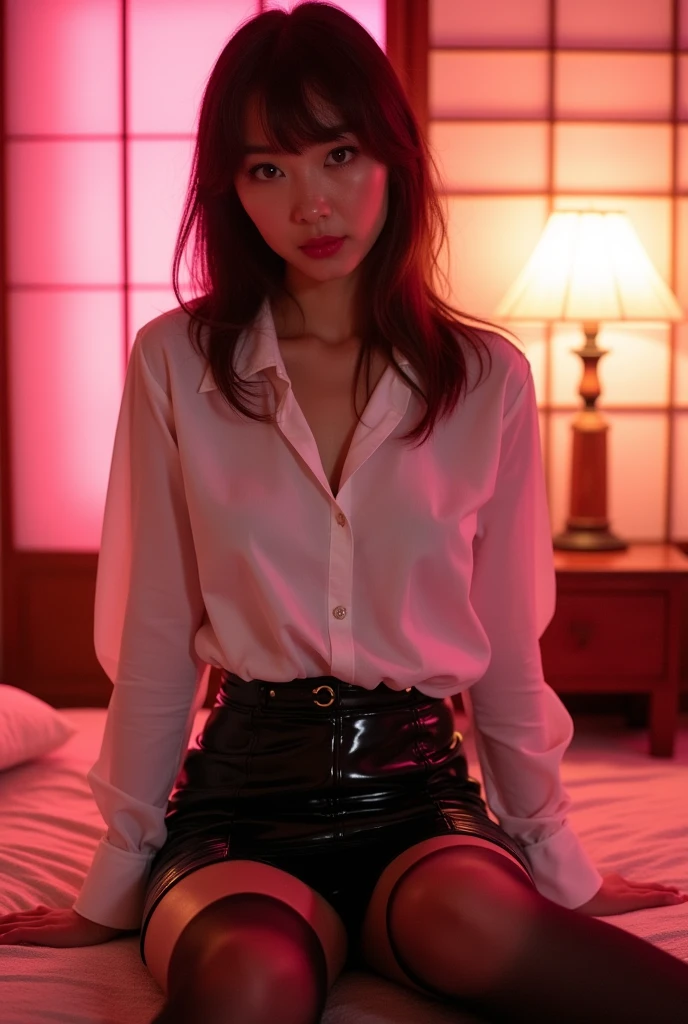 ((Japanese sexy idol)) Mature Woman ((Plump, bright red lips with lipstick)) Big Breasts Chubby round face Plump figure ((Brown hair with bangs)) ((Looking into the camera)) Sit with your legs apart ((White button-up shirt with black patent leather tight skirt and black stockings)) Sweaty skin 布団の上にSit with your legs apart look down ((A bedroom with shoji and tatami mats lit up in pink neon lights))