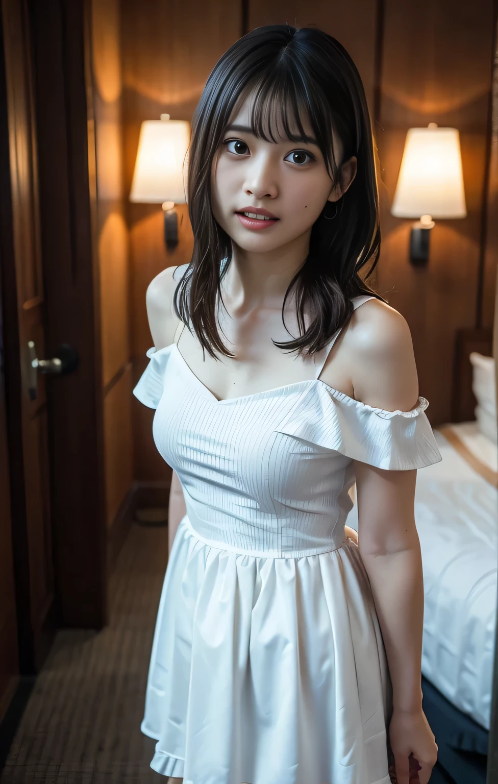 A 23-year-old Thai young woman stands on a balcony's edge, The unbuttoned shirt falls open, her partially buttoned large white shirt framing her beautiful skin as she gazes out at the breathtaking scenery below. Off the shoulder, Brown eyes, her cute face beams with a warm smile, holding a red coffee cup and looking directly into camera. The high-contrast lighting accentuates her features, while the sharp focus captures every detail of her delicate features against the vibrant colors of the cityscape or lush greenery blending harmoniously in the background.