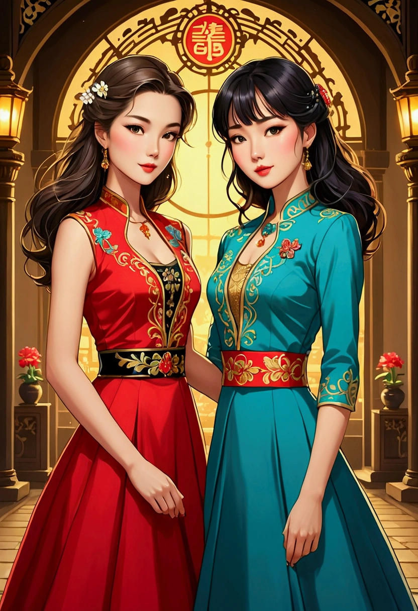 Two beautiful Sarah Kay style women very much in love, in a tender attitude towards each other, one British, with semi-short light brown hair and the other Asian, with long black hair, both dressed in an elegant 50's style