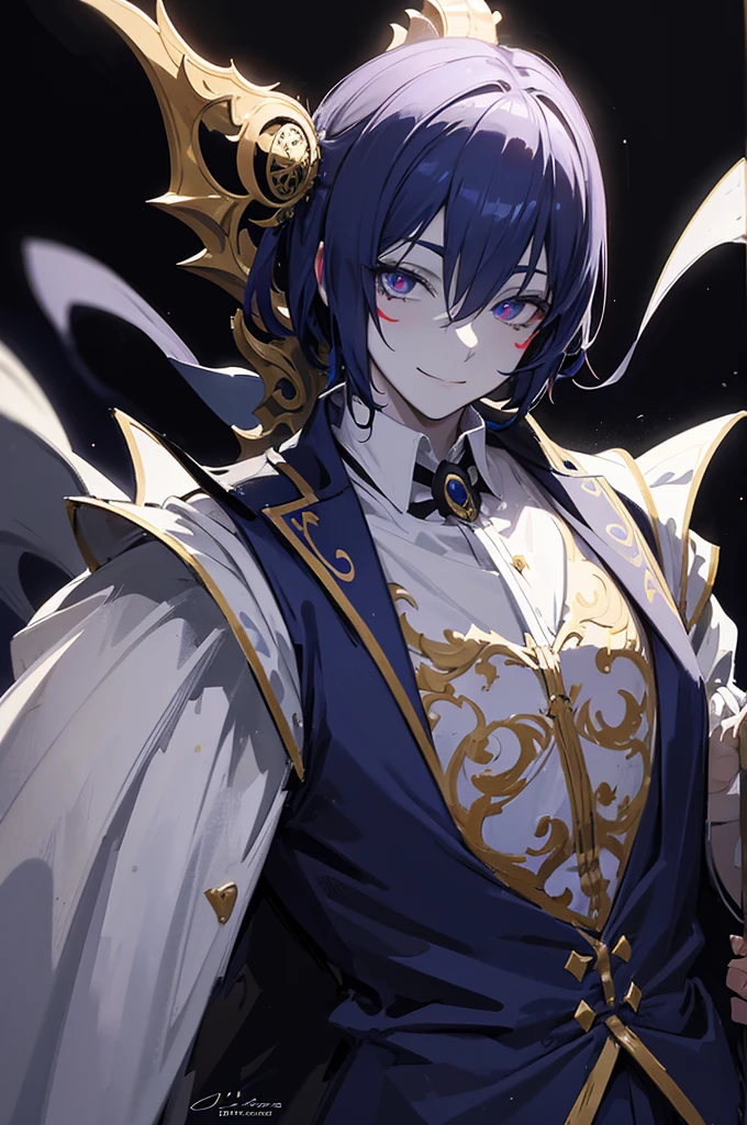 a male jester wearing a blank white mask that is smiling and covering his face, detailed masquerade costume, dramatic lighting, dark background, mysterious atmosphere, intricate costume design, hyperrealistic, cinematic lighting, chiaroscuro, digital painting, photorealistic, 8k, best quality, masterpiece