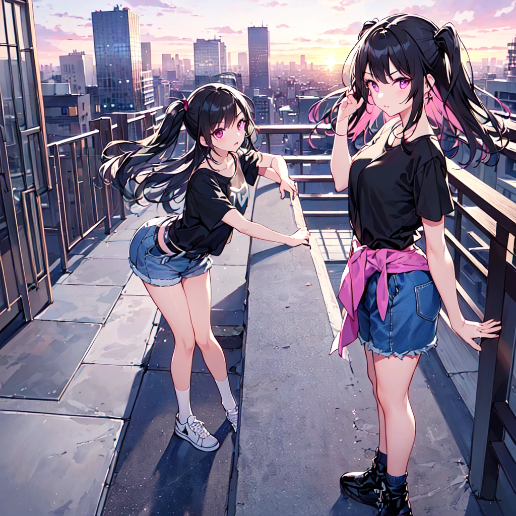 masterpiece, best quality, high quality, extremely detailed, very delicate and beautiful, (1 female 18 years old solo:1.5), (long black hair up to waist with two-side up:1.5), bangs to eyebrows, eyes (eyes sharp, strong, glossy, glossy eyebrows), (eye color magenta:1.3), 6.5 head height, (summer short sleeve casual fashion:1.3), knee socks, lace, ruffles, (meeting someone:1.3), (dynamic pose), (background city and sunset:1.3)