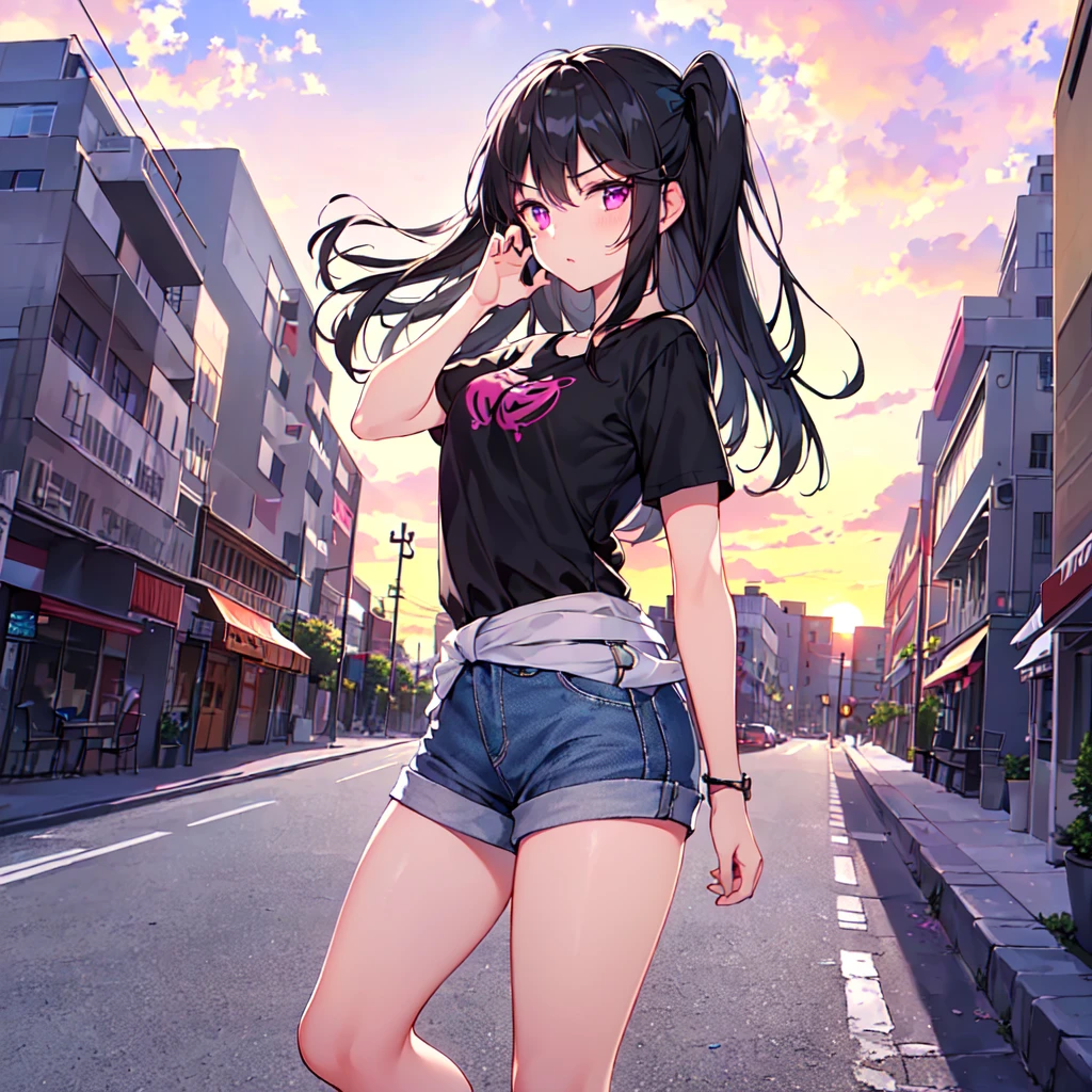 masterpiece, best quality, high quality, extremely detailed, very delicate and beautiful, (1 female 18 years old solo:1.5), (long black hair up to waist with two-side up:1.5), bangs to eyebrows, eyes (eyes sharp, strong, glossy, glossy eyebrows), (eye color magenta:1.3), 6.5 head height, (summer short sleeve casual fashion:1.3), knee socks, lace, ruffles, (meeting someone:1.3), (dynamic pose), (background city and sunset:1.3)