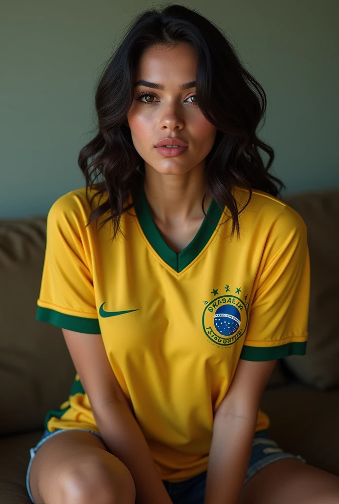 femme Latina de 22 ans avec des grosse lèvre gros seins et le maillot de foot du brésil avec des trait du visage tres realiste et faut pas voir que c est une ia 
assis et moins maquiller avec quelques  default pour etre plus realiste avec des faussette et moins le visage rouge 

