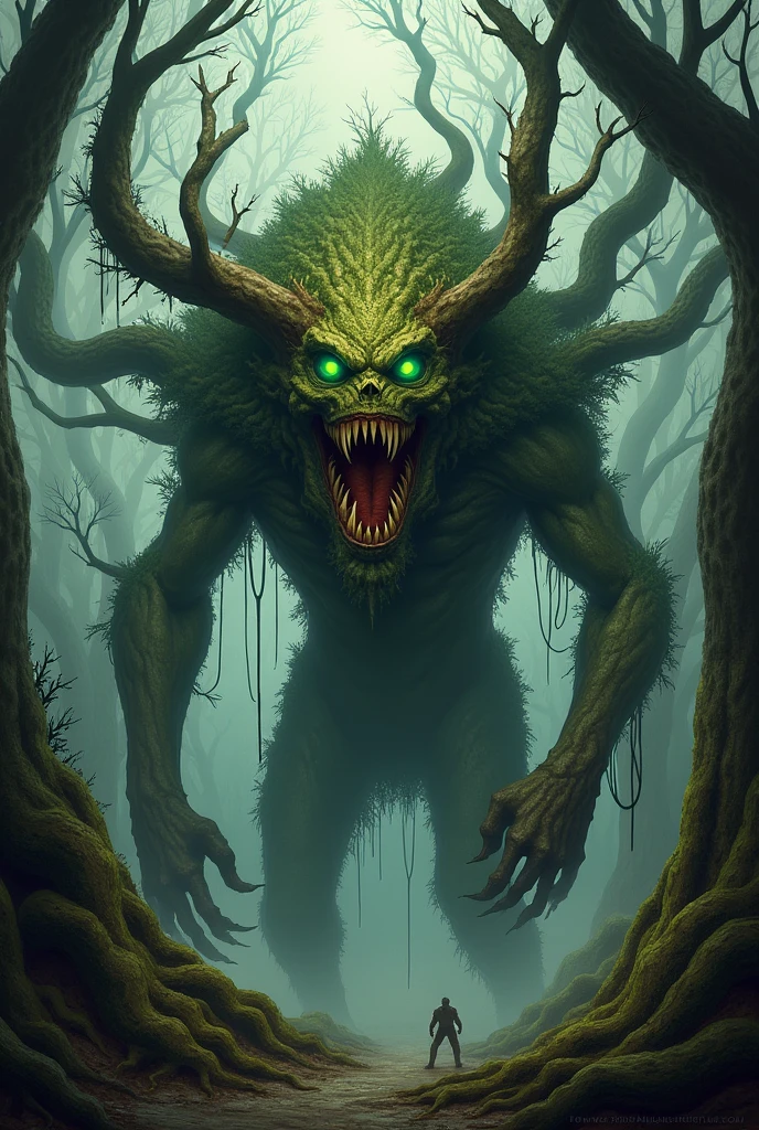 Beastwood is a towering, menacing creature that blends elements of twisted trees and formidable beasts. It has a bark-like, rough skin with gnarled branches as limbs, and its body is entwined with thick moss and creeping vines. Its eyes emit an eerie green glow, and its mouth is filled with sharp, jagged wooden teeth