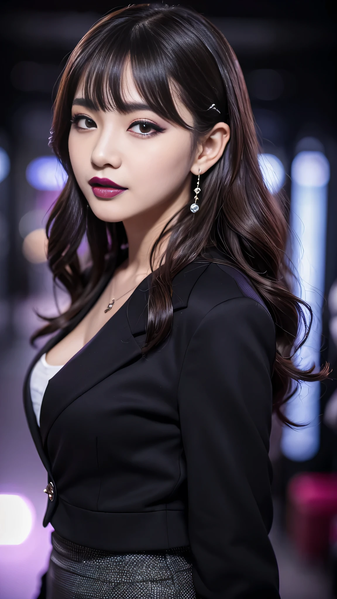 best quality、ultra-detailed、8k、Japanese、Seductive beauty、seductive adult woman、Pretty Woman、cool girl、smirk、Wicked Smile、Villainess、brainwash makeup、brainwash、Fallen into evil、Evil look、evil、Brown hair、wavy hair、swept bangs、dark makeup、piercing eyes、hollow eyes,half-closed eyes、Hollow Eyes、purple Eyeshadow、black lipstick、black lipglos、Purple Eyeshadow、black lipstick、black lip gloss、Dark Makeup、smirk、Whisper in my ear、business suit、black Jacket、white blouse、ribbon、flare skirt、pantyhose、night、inside darkroom、Kiss、I have lipstick、Are standing、Look、Offer、shoot from below