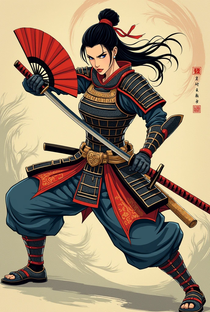 Traditional woodblock armored samurai female with katana and fan dynamic pose