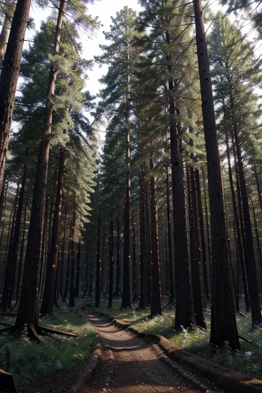 a magical forest with tall trees which is starting to burn