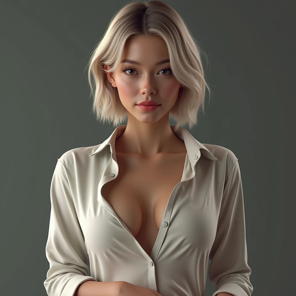 [Whole body Profesional, (4k image:1.1), (sharp focus:1.3), looking to the camera, front position, Very detailed, have on (tight shirt:1.2), beautiful detailed face, sparkling eyes, short and light hair, (attractive young woman:1.3), (seductive:1.1), (blush:1.1), pear body shape, perfect hands, natural breasts, Wide hips. --Sexy body --Prominent breasts --Details, Whole body, a lot of femininity, tempting, gorgeous, sensual pose, Musa, --unreal engine 5. [unclothed]. 16 thousand.