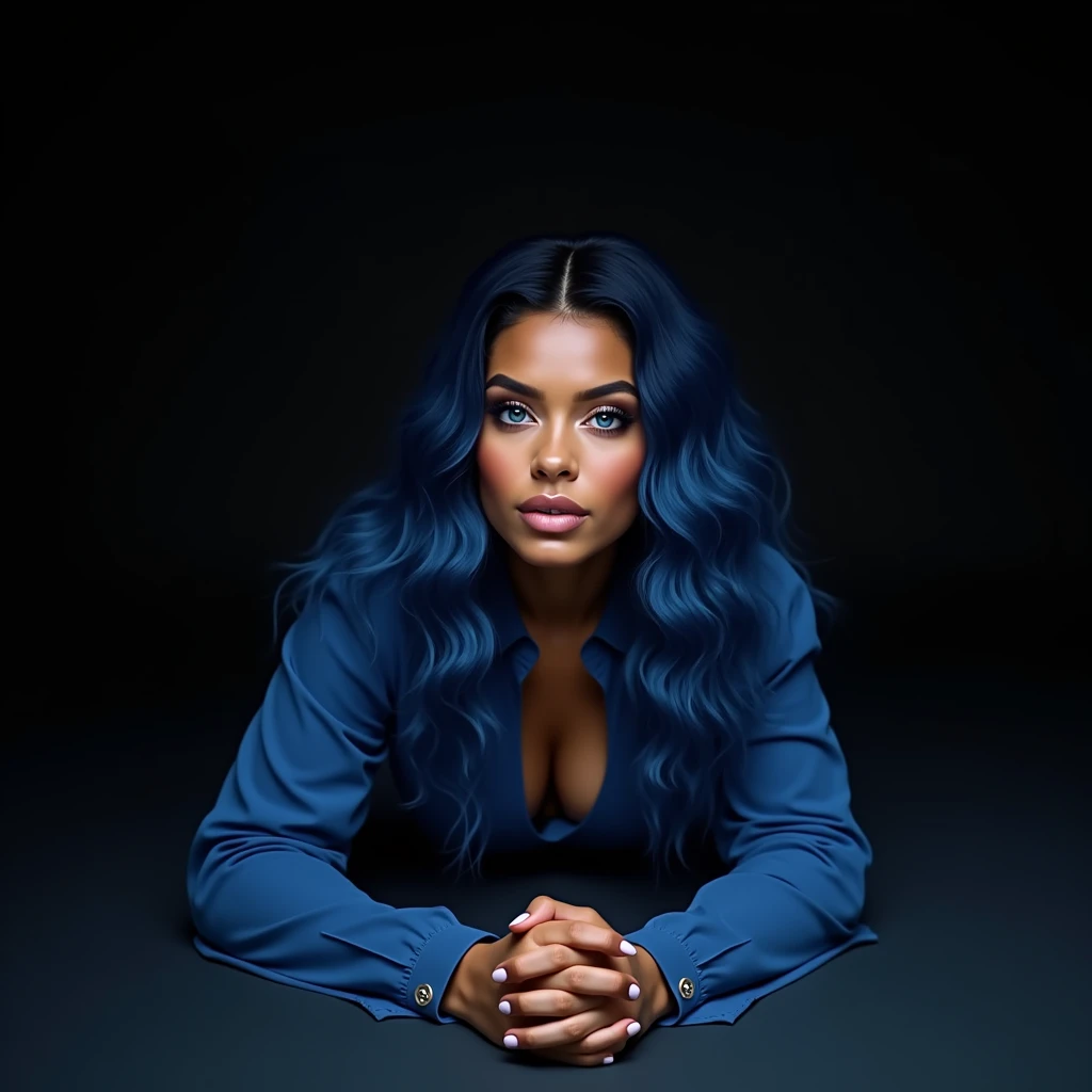 Beautiful biracial latina woman , blue long wavy hair, blue light eyes , lay on the stomach, on the ground, wear blue powder dress, black background , De Côté,