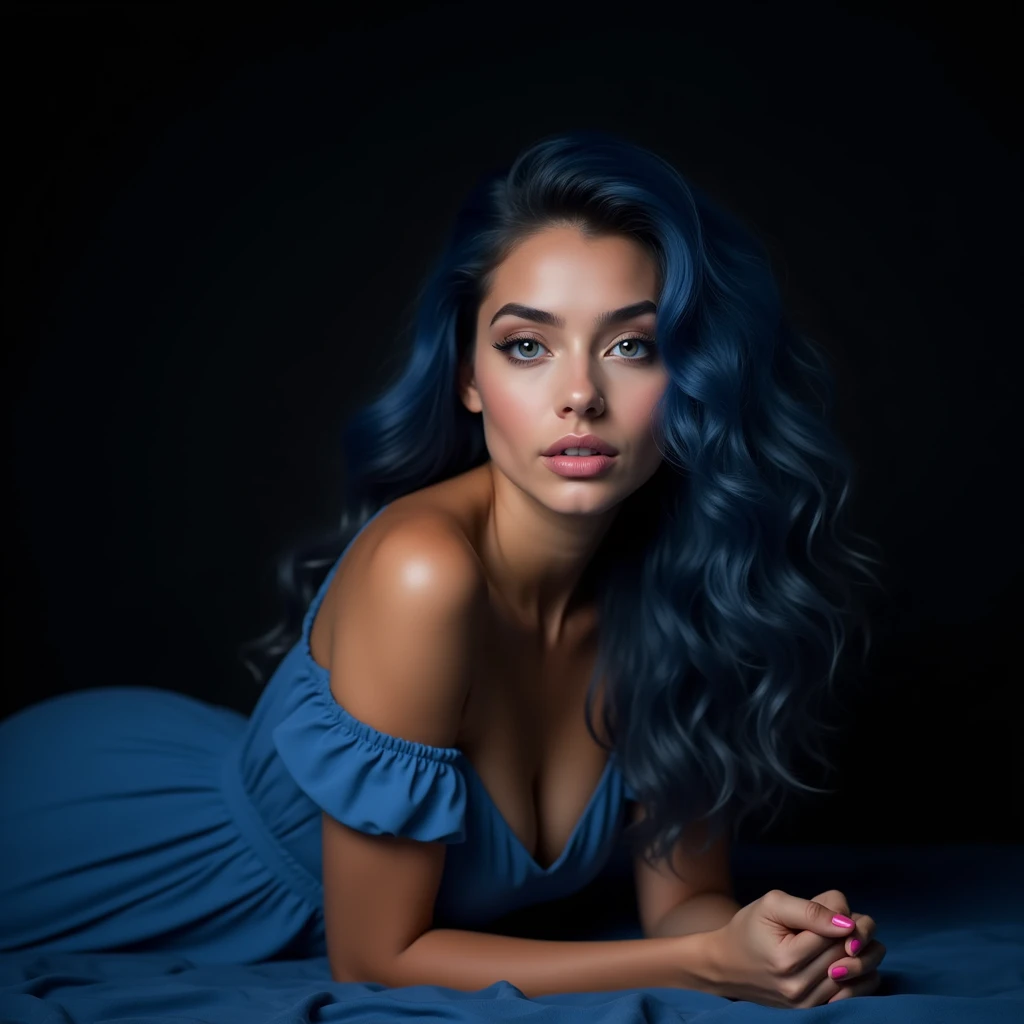 Beautiful biracial latina woman , blue long wavy hair, blue light eyes , lay on the stomach, on the ground, wear blue powder dress, black background , De Côté,
