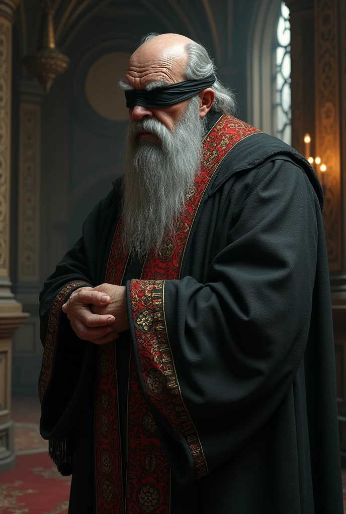(photorealism:1.2), old man, big, priest, medieval style, blindfold