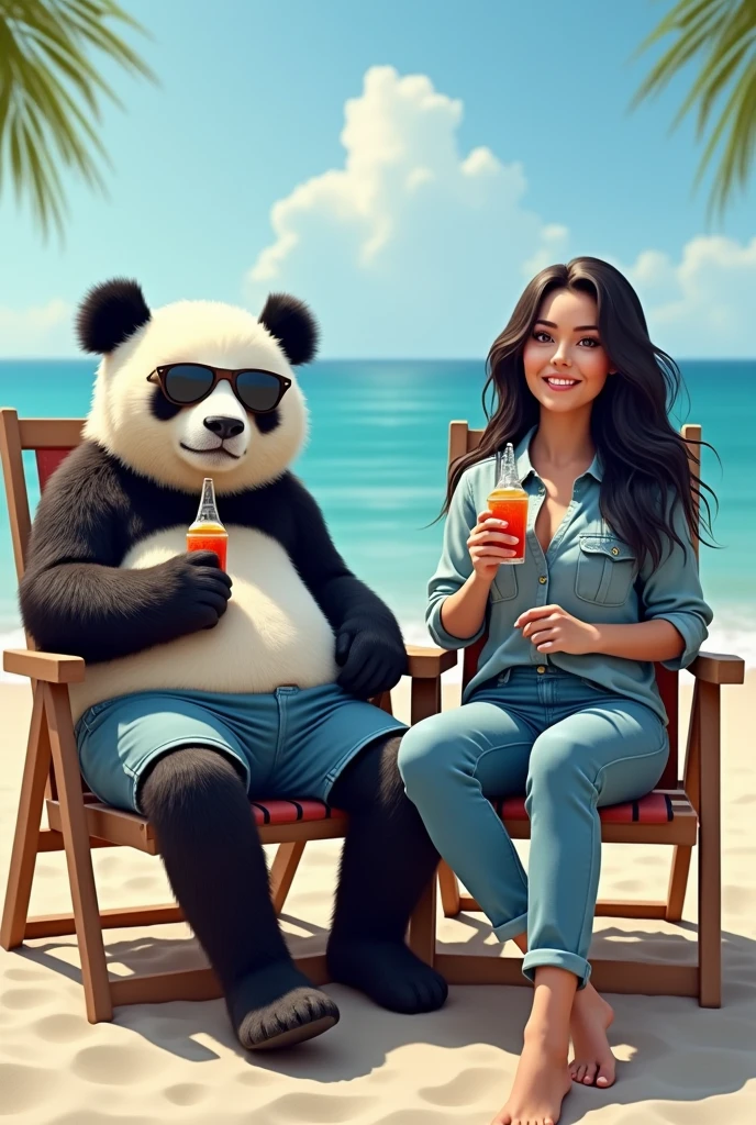 Very real panda bear wearing blue shorts and sunglasses sitting on beach chair accompanied by brunette woman with long black hair brown eyes sky blue shirt and military print jeans drinking juice