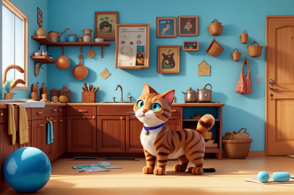 Prompt in Portuguese:
Side view of a highly detailed cartoon cat named Babe in the style of Matt Groening. Miúda is a Siamese cat with blue eyes, portrayed as cheerful and playing with a ball of paper. The scene is set in the kitchen of a cozy house, rendered in 3D with HDR and high resolution. The design features exaggerated and fun elements, capturing the essence of Groening&#39;s cartoon style.