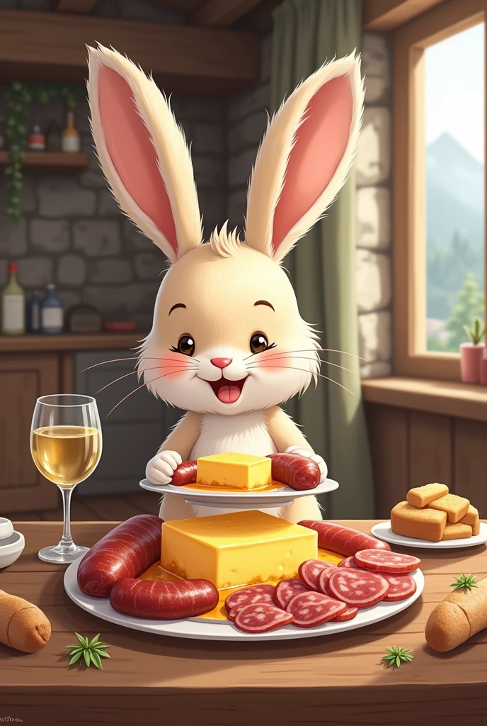 Lapin qui mange une raclette,charcuterie