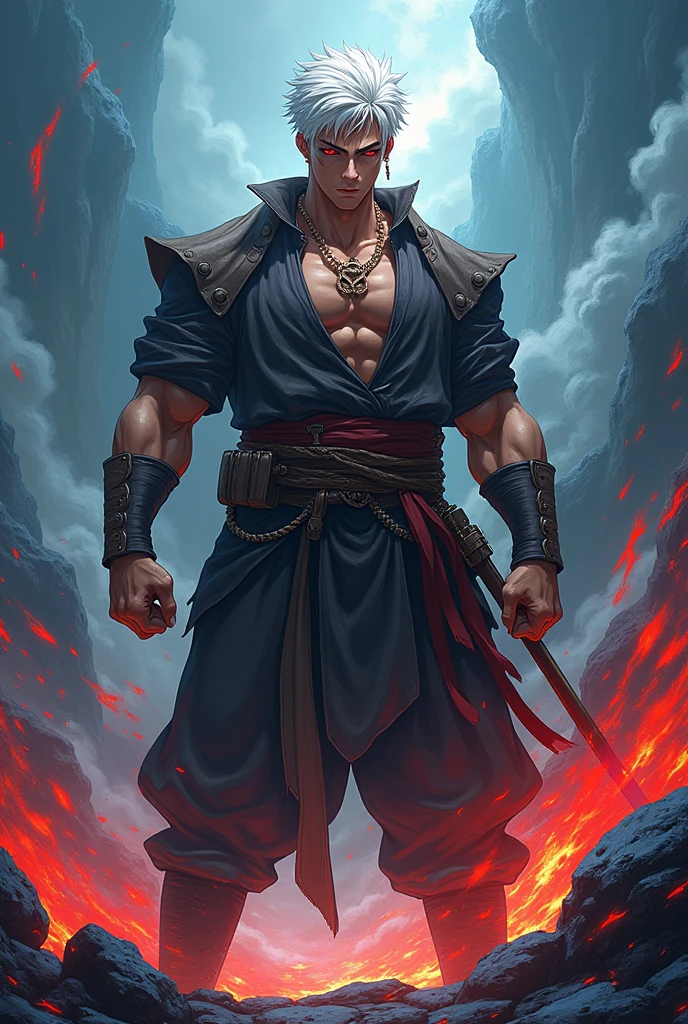 Tall young man, robust, white hair, dark red eyes, and a scar on his cheek with the animation of Danmachi.