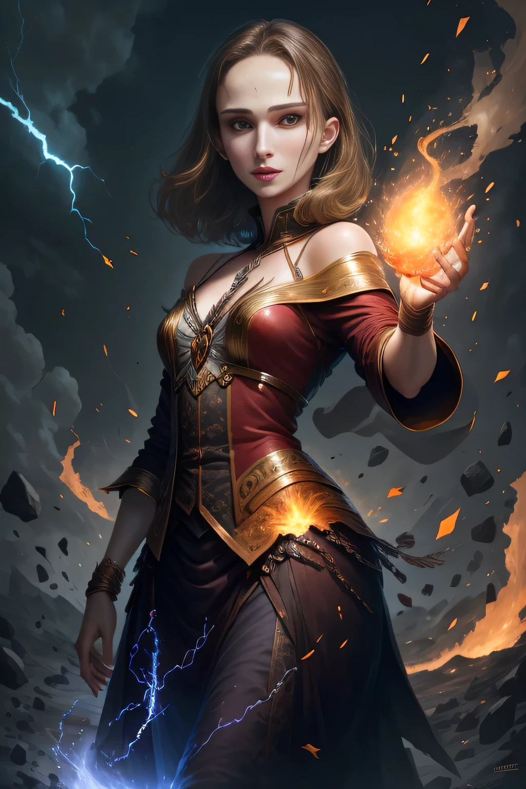 1 beautiful woman "natalie portman"，(Caucasian skin)， fire storm, Lightning in the hand, a skirt,glowing light eyes，light in eyes