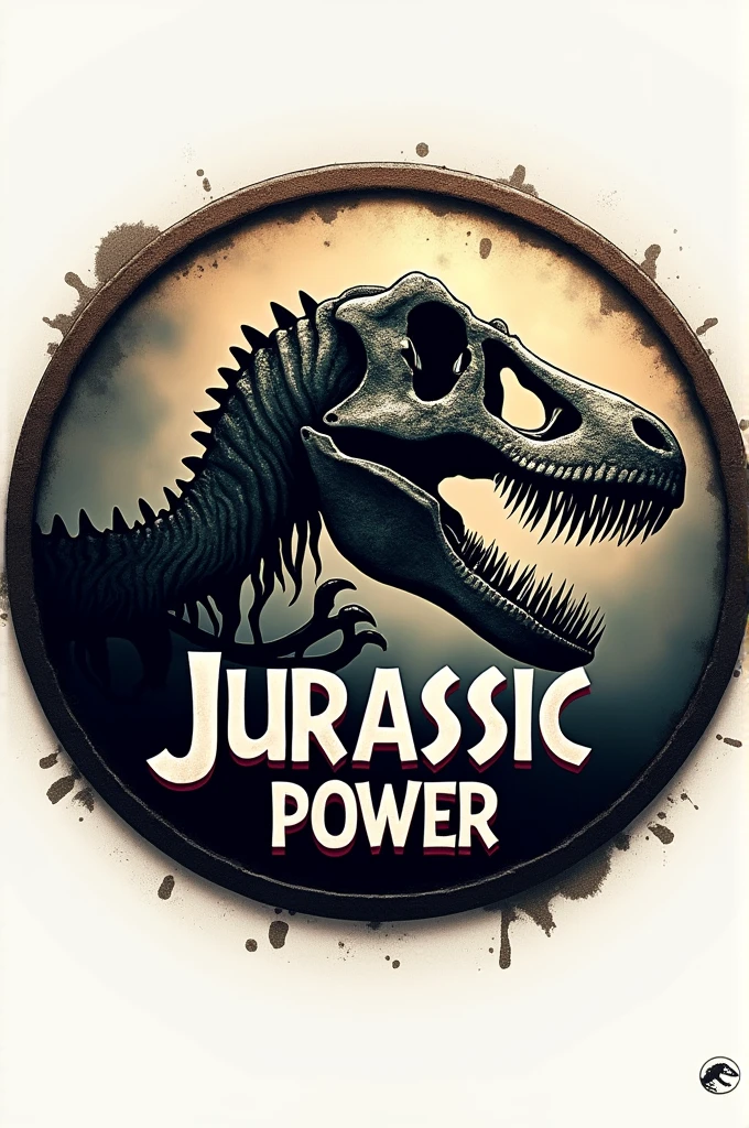 Circular logo with a velociraptor skull in the center that says Jurassic power 