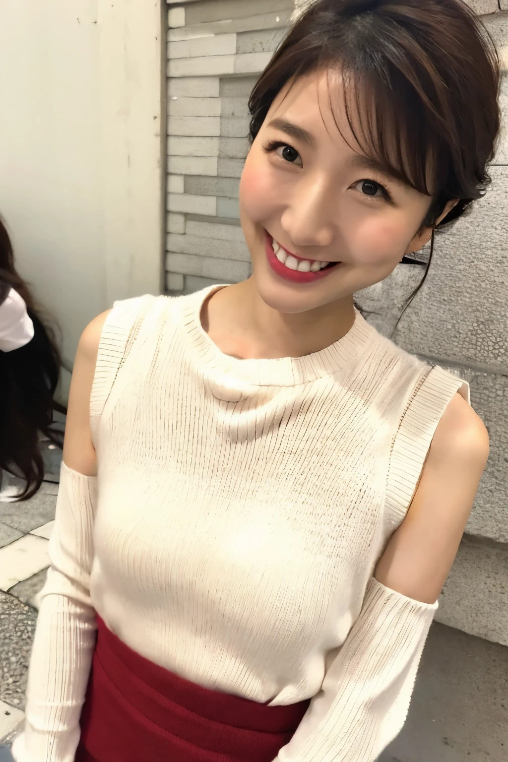 Beautiful 30 year old woman、Brown Hair、With bangs、Smiling、Beautiful breasts、Sexy body、white sleeveless knit sweater、Red tanding on a street corner