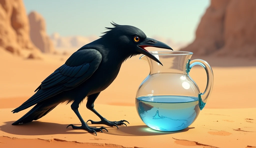 The crow sitting beside a pitcher, looking into it with a worried expression as the water is at the bottom.
The crow tries to drink water from pitcher but can't reach because water is at the bottom of pitcher.
The crow is thirsty.
The pitcher is transparent.
The background is desert.
