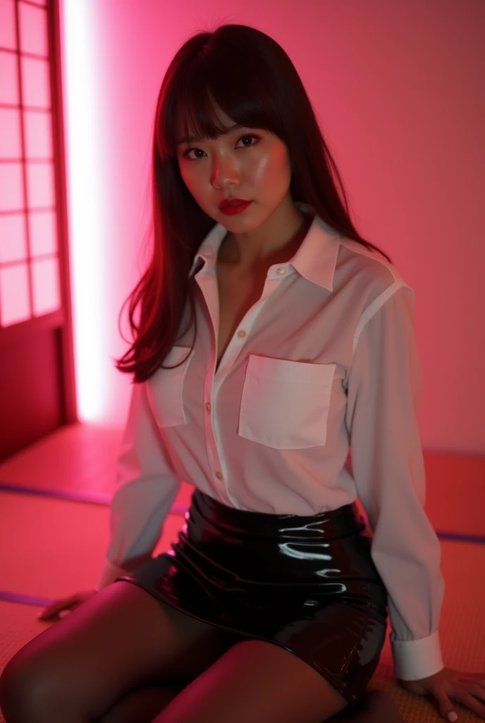((Japanese sexy idol)) Mature Woman ((Plump, bright red lips with lipstick)) Big Breasts Plump Chubby round face Plump figure ((Brown hair with bangs)) ((Looking into the camera)) Sit with your legs apart ((White button-up shirt with black patent leather tight skirt and black stockings)) Sweaty skin 布団の上にSit with your legs apart look down ((A bedroom with shoji and tatami mats lit up in pink neon lights))